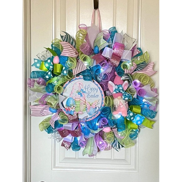 Handmade Easter Girl Bunny Gnome Prelit Ribbon Wreath 22 in LED W8 - Picture 10 of 10